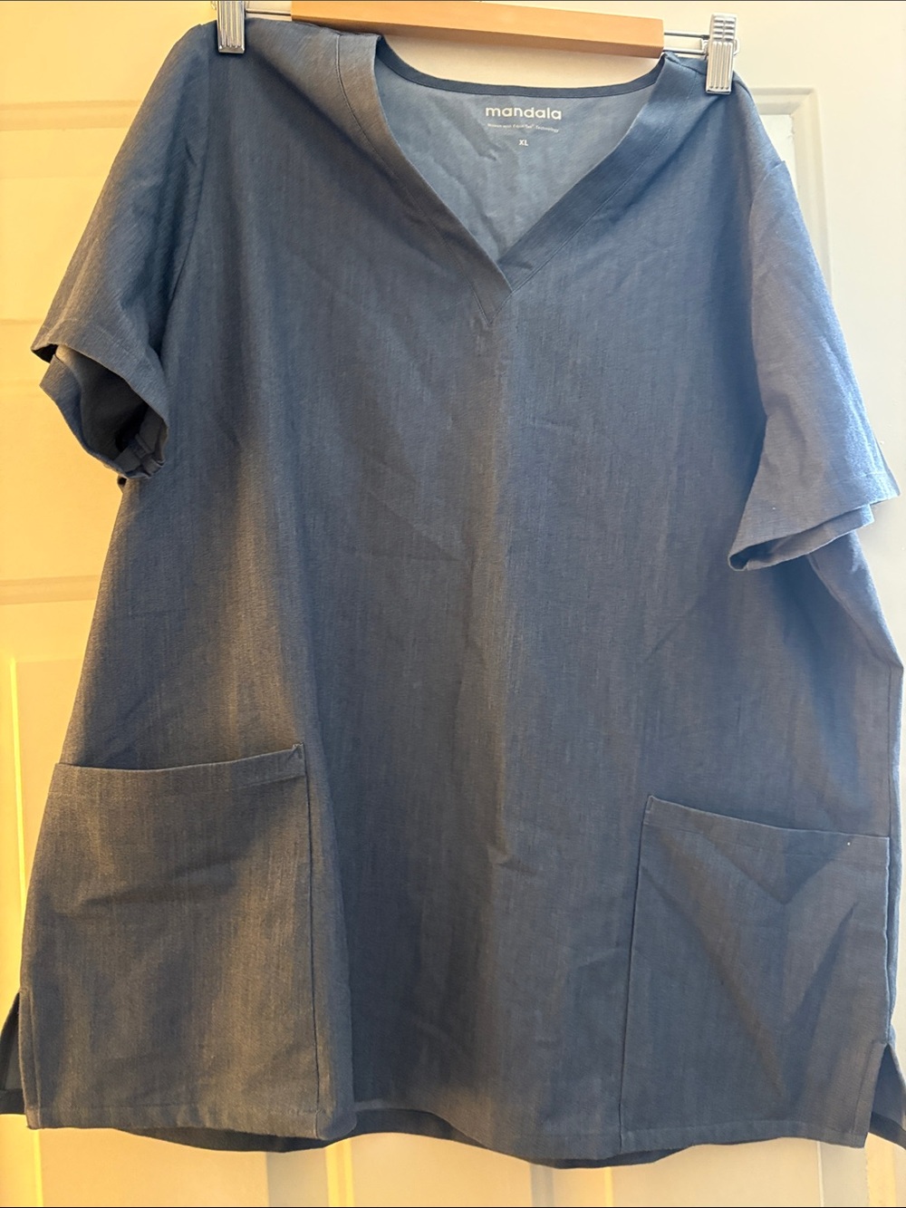 Men's Blue V-Neck Short Sleeve Shirt with Patch Pockets